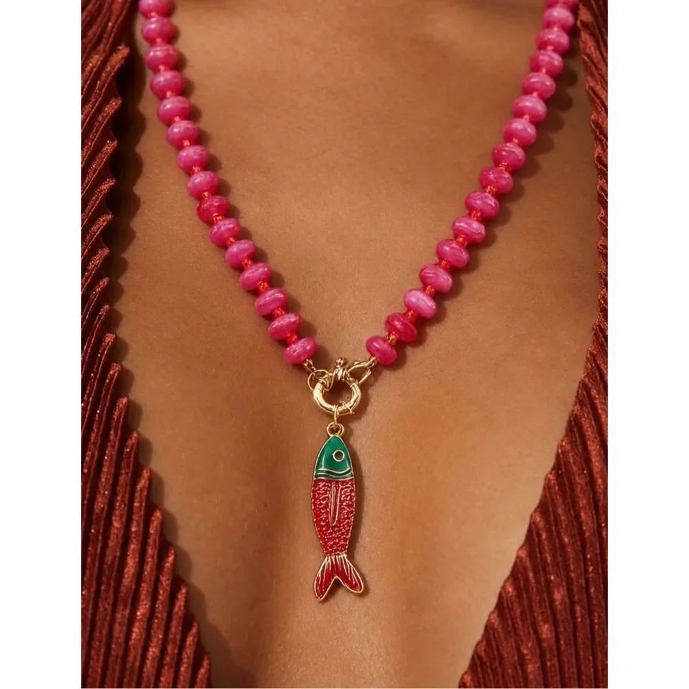 Anthropologie Pink Beaded Necklace Red Green Fish Pendant Coastal Boho NWOT